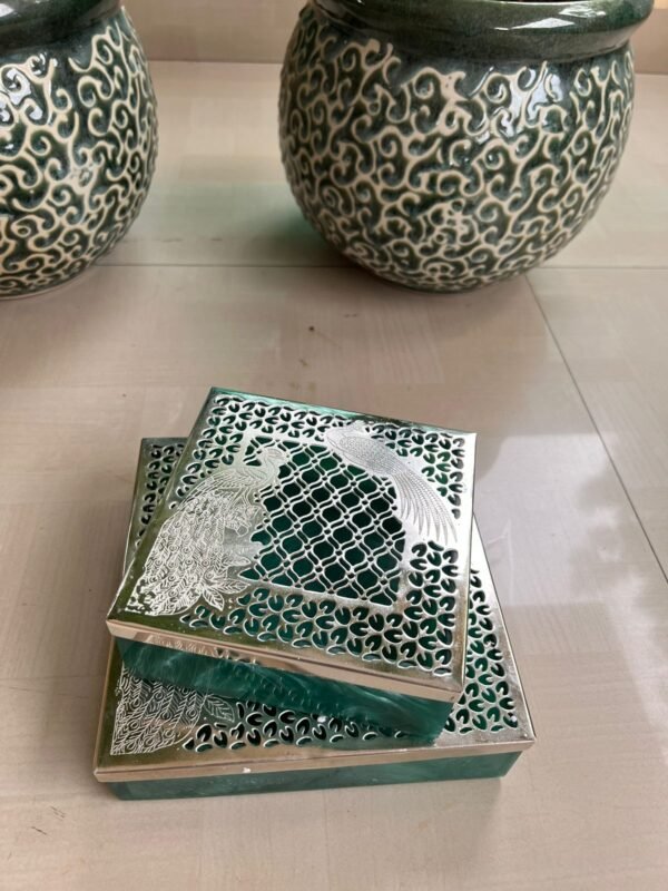 Green resin box with beautiful peacock design german silver lid - Image 2