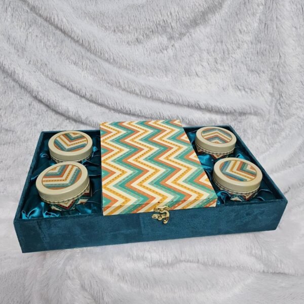 Tray hamper set with 4 tin jars and cavity Box
