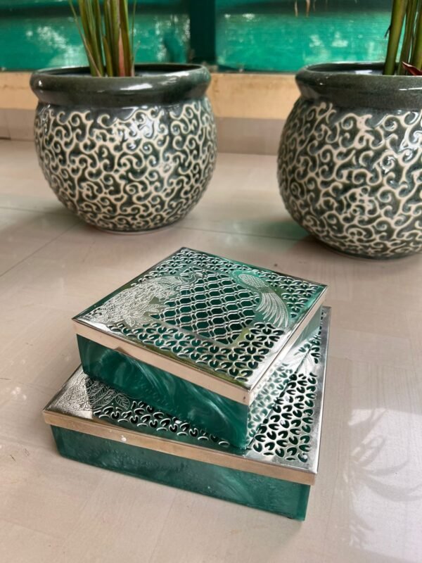 Green resin box with beautiful peacock design german silver lid